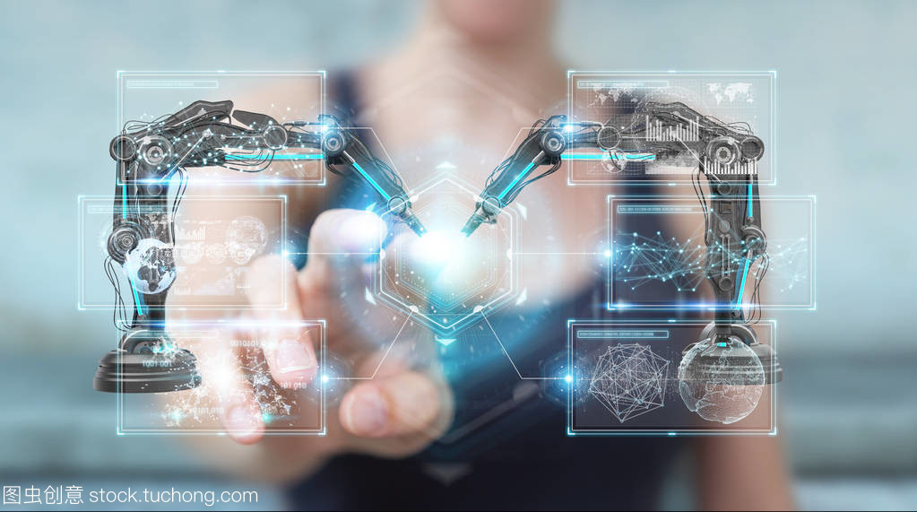 使用機器人手臂與數字屏幕 3d renderi 的女實業家