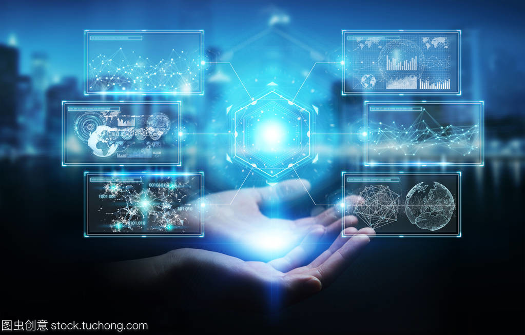 使用數字屏幕接口與全息圖 dat 的女實業家